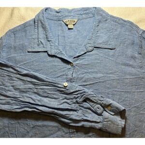 Orvis Button Up Blouse Shirt Women's Size XXL Chambray Linen Blend‎ Roll Tab